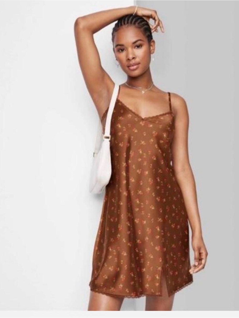 wild fable Brown Floral Slip Dress with Double Spaghetti Straps